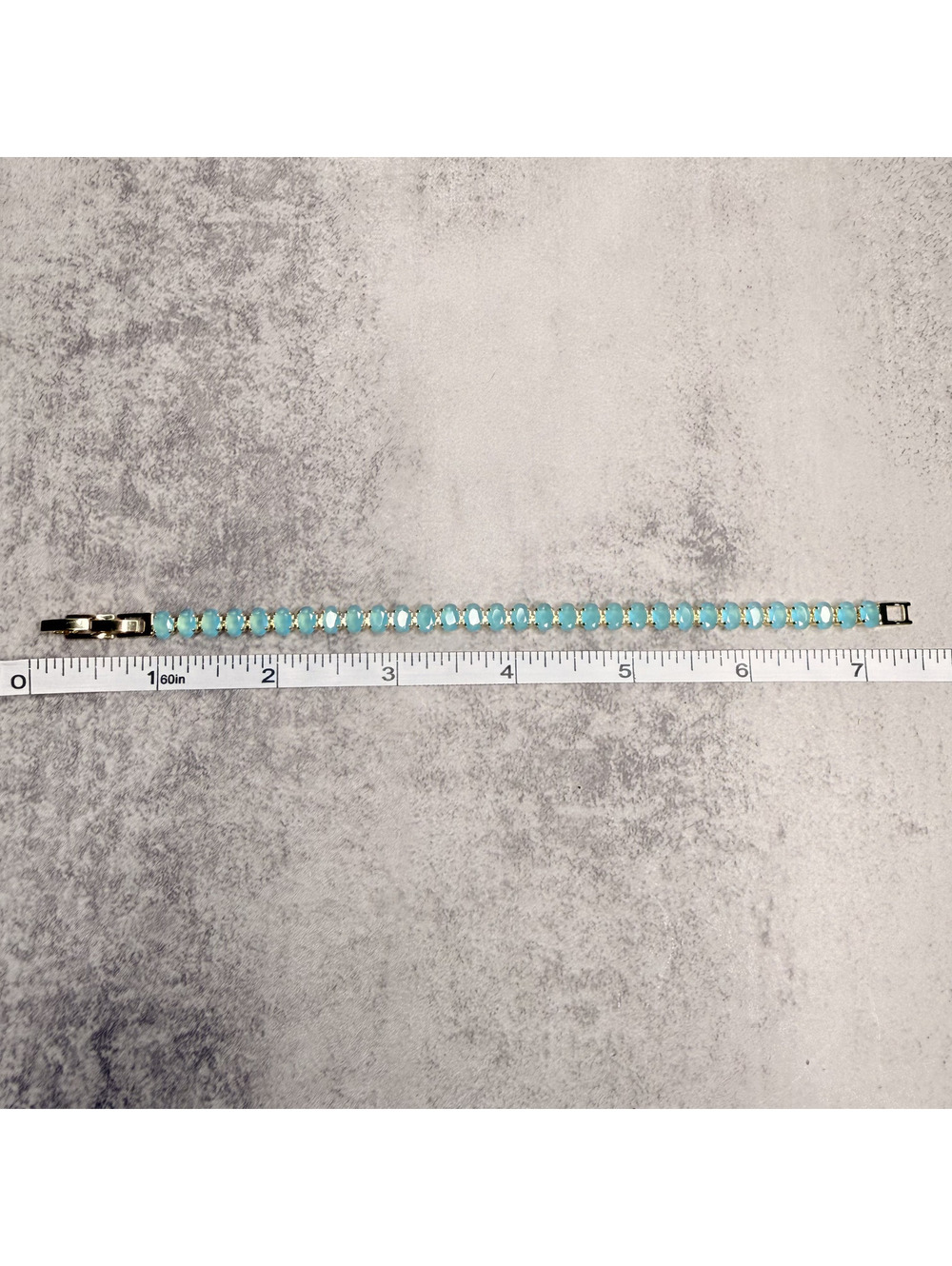 GlassJules Milky Sky Blue Jelly Crystal Gold Tone Tennis Bracelet - Picture 2 of 3